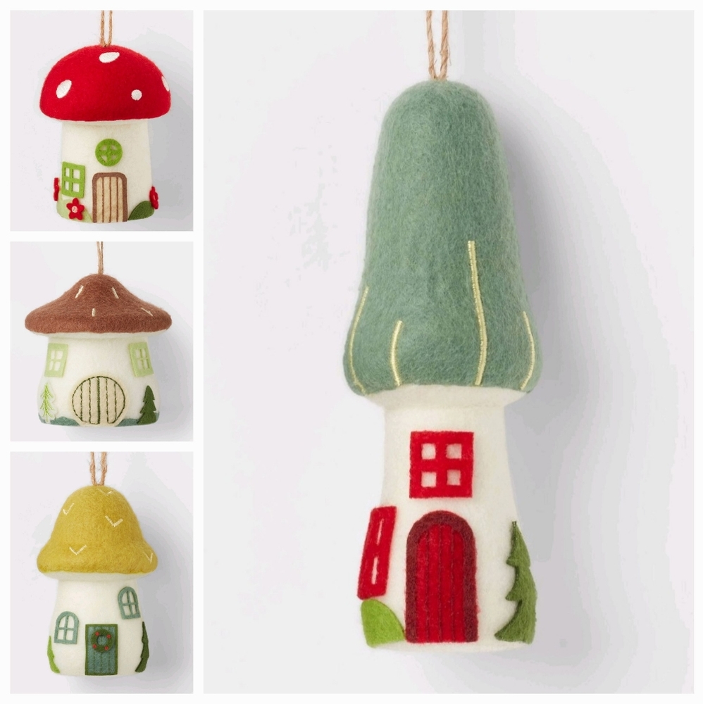 Set of 4 Mushroom House Ornaments